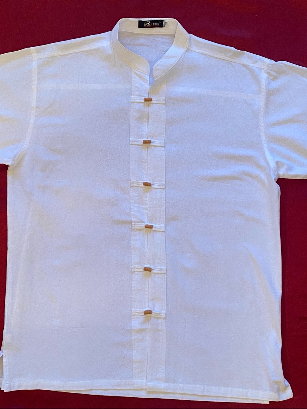 Mens 3XL White Mandarin Collar Shirt 100% Cotton Short Sleeve Frog Toggle Button